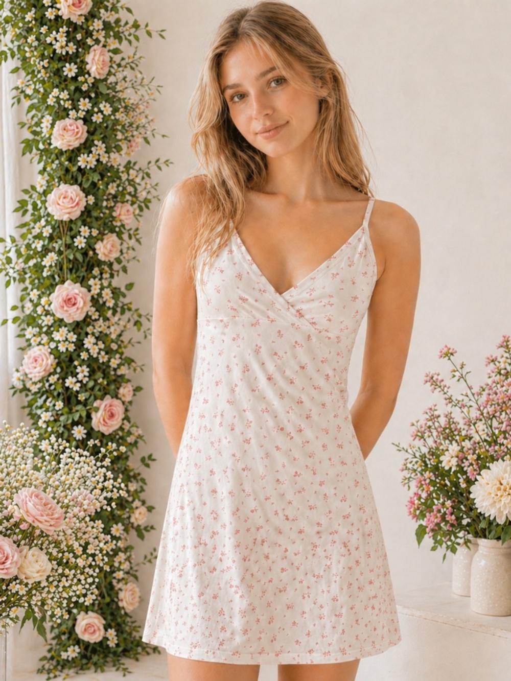 Brandy Melville Pink Floral Mini Dress OS Coquette Soft Girl Dainty Made Italy